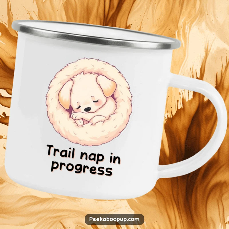 Funny Camping Mug depicting a sleeping puppy curled into a cozy, fuzzy ball, perfect for sipping warm beverages during outdoor adventures humorously.