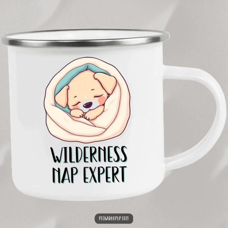Funny Camping Mug: A sleepy puppy snoozes in a blanket, ideal for peaceful outdoor moments. Durable and charming.