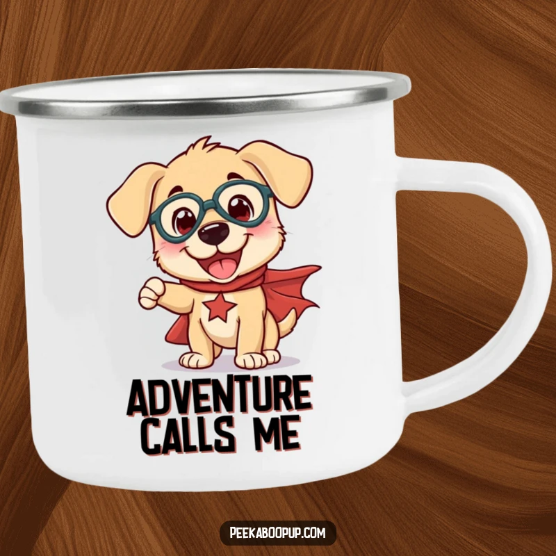 Funny camping mug with a puppy hero in a cape striking a funny pose, perfect for outdoor enthusiasts.