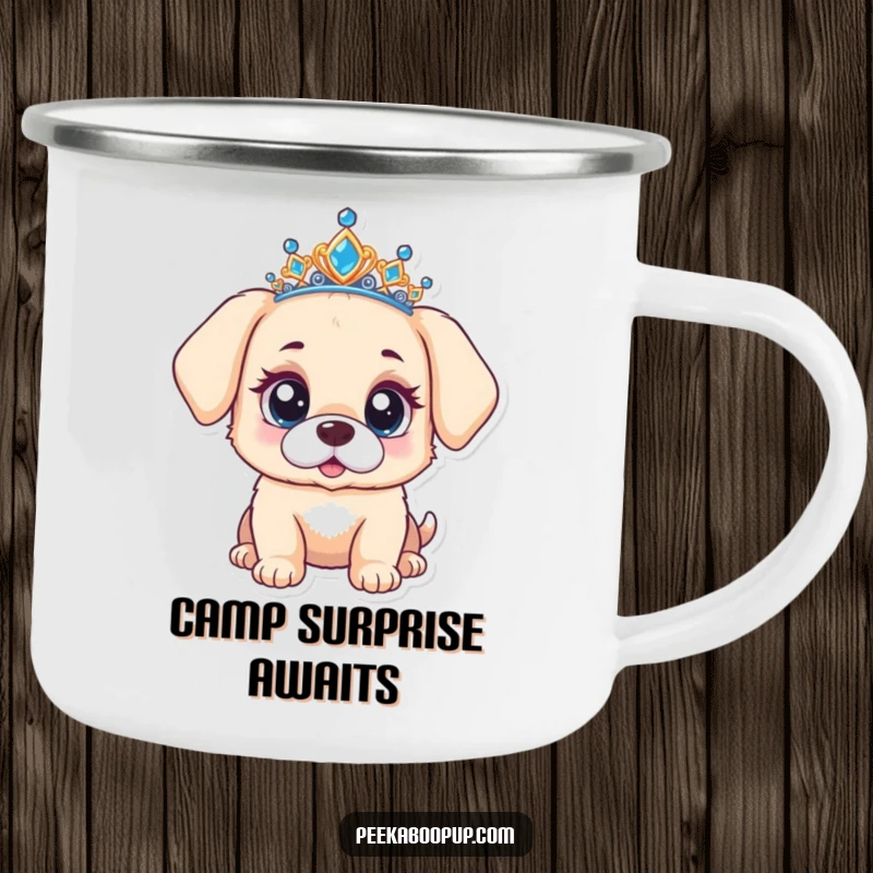 Funny camping mug with a puppy wearing a tiara, looking surprised with wide, curious eyes, perfect for outdoor enjoyment.