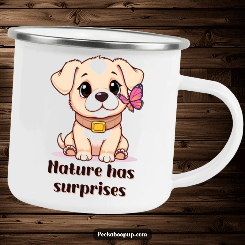 Funny camping mug showing a puppy in an oversized collar, looking with innocent curiosity at a butterfly, ideal for nature lovers.