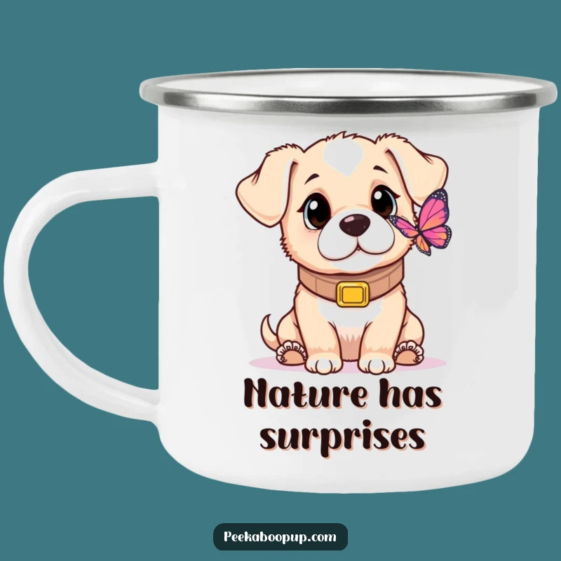 Funny Puppy Butterfly Camping Mug: Adventure Fuelled by Cute Pup Curiosity