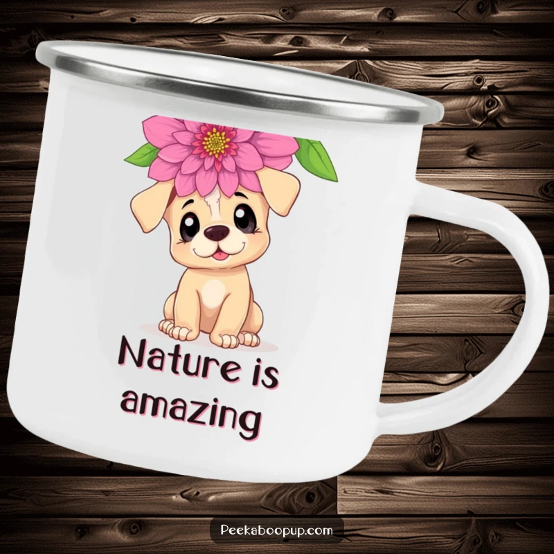 Funny Curious Puppy Camping Mug: A puppy with curious eyes sniffing a giant flower, ready for the outdoors
