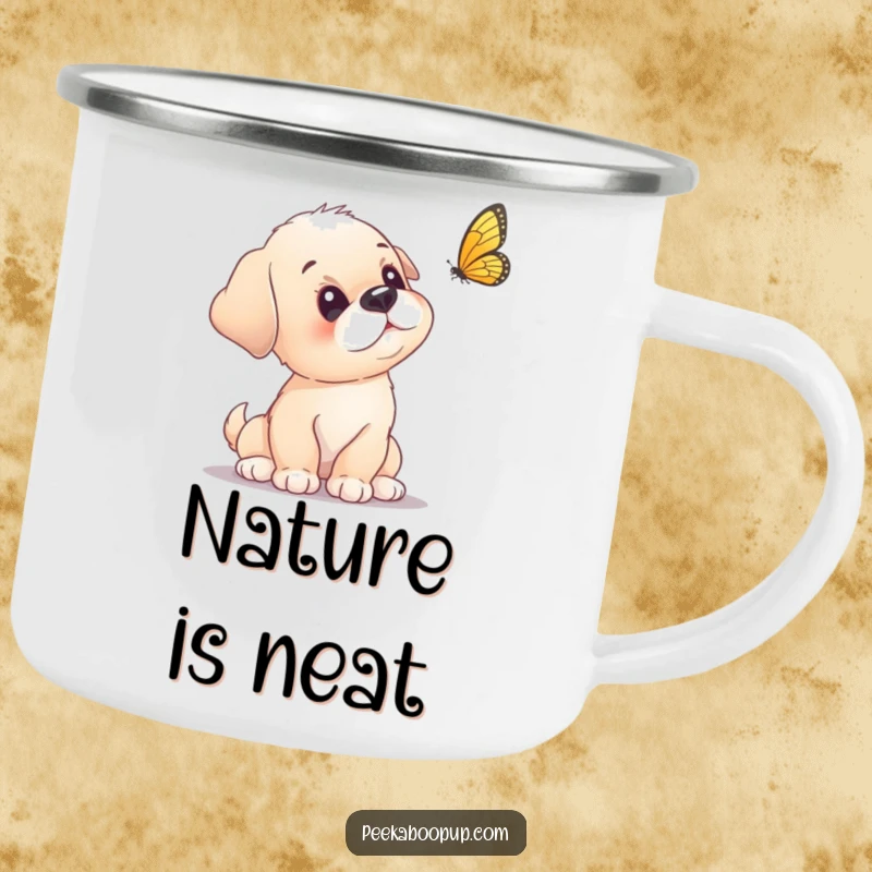 Funny puppy camping mug with a curious puppy tilting its head at a fluttering butterfly.
