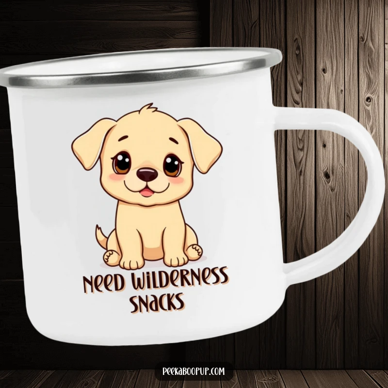 Funny puppy camping mug showing puppy eyes in a begging pose, perfect for outdoor fun and charm.