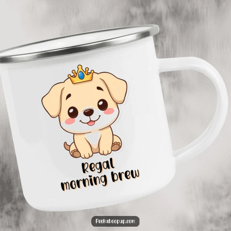 Funny Royal Puppy Camping Mug featuring a cute puppy with a small crown and a gentle smile, for outdoor enjoyment.