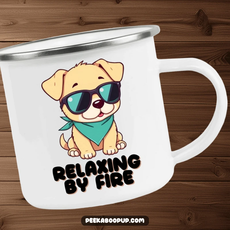 Funny camping mug featuring a puppy wearing sunglasses and a bandana, looking cool and relaxed, ideal for outdoor drinks.