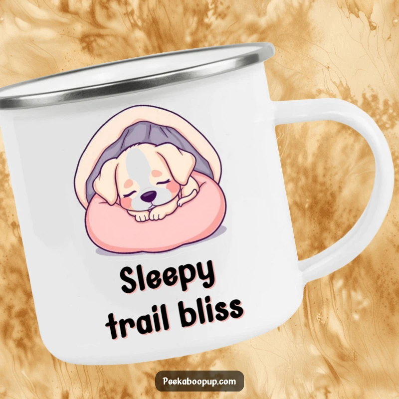 Funny camping mug showing a sleepy puppy curled up in a soft bed, perfect for outdoor relaxation.