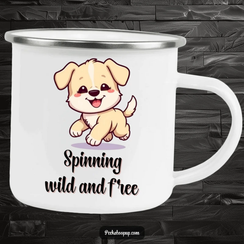 Funny camping mug showing a puppy with a funny, energetic expression, spinning around in a comical attempt to catch its tail.