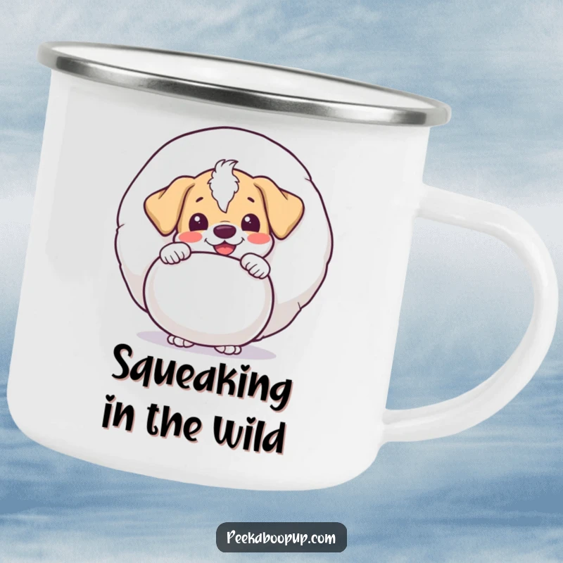 Funny puppy character peeking with delight from behind a giant squeaky toy, printed on a durable camping mug for outdoor enjoyment.