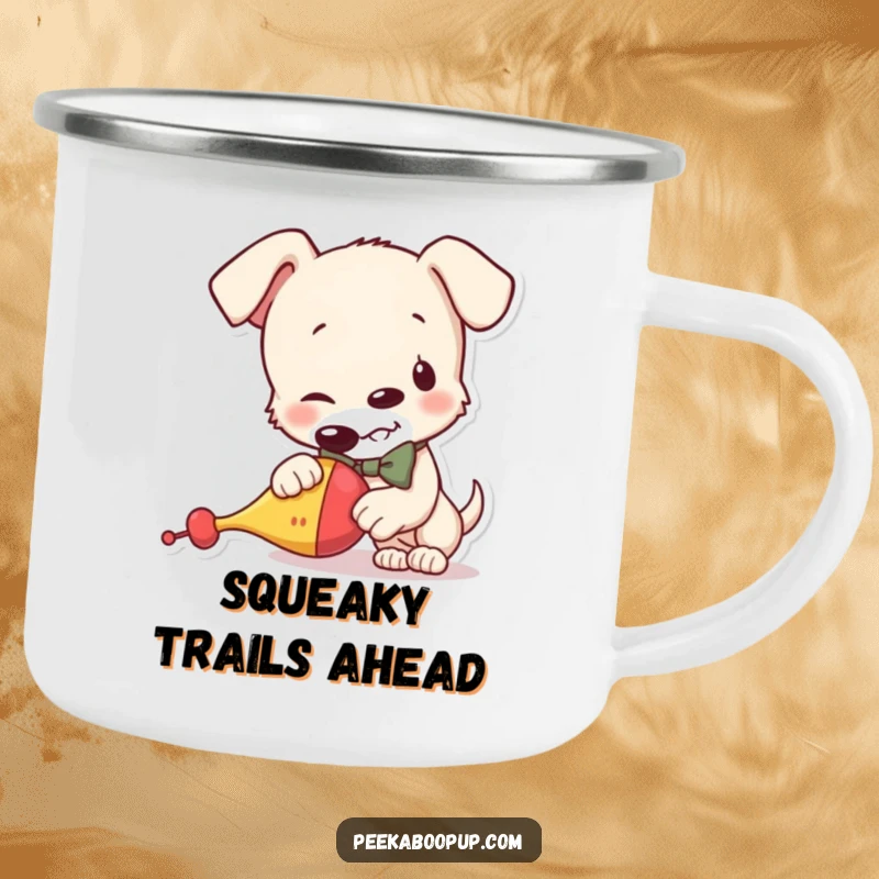 Funny camping mug with a mischievous puppy wearing a bowtie, holding a squeaky toy, perfect for outdoor sipping and humorous enjoyment.