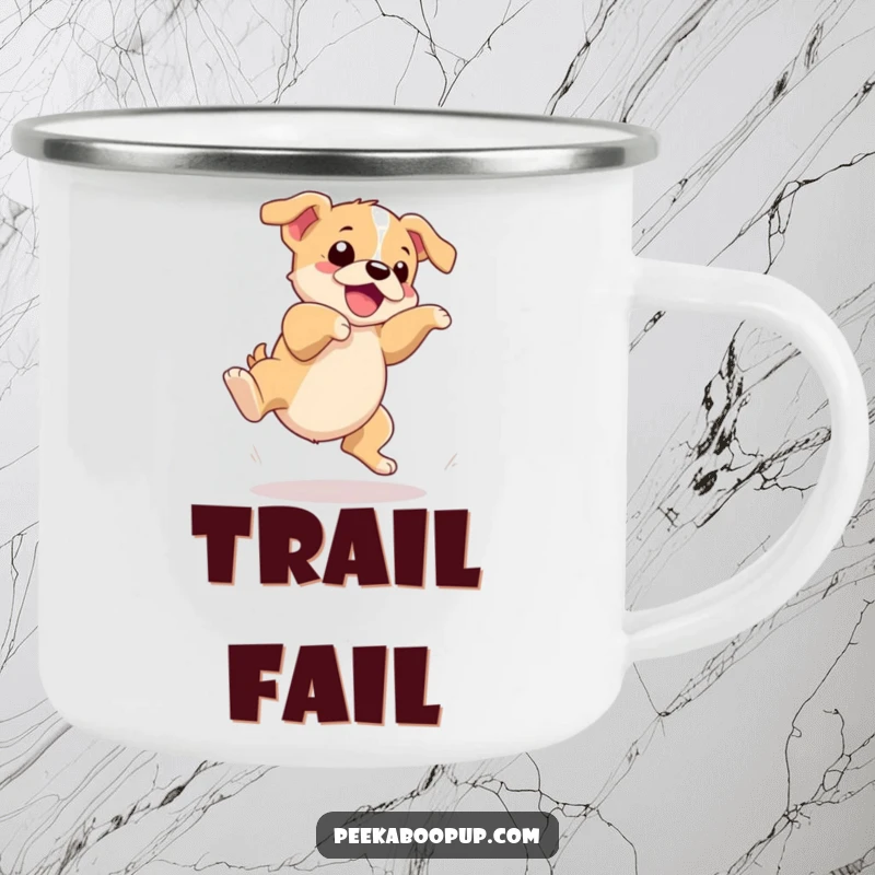 Funny camping mug depicting a puppy hilariously tripping over its paws during a leap, perfect for outdoor enjoyment and humor.