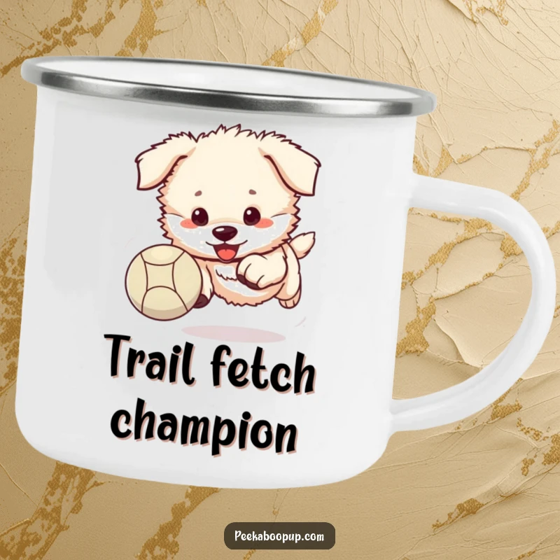 Funny puppy camping mug with a fluffy puppy enthusiastically chasing a bouncing ball.