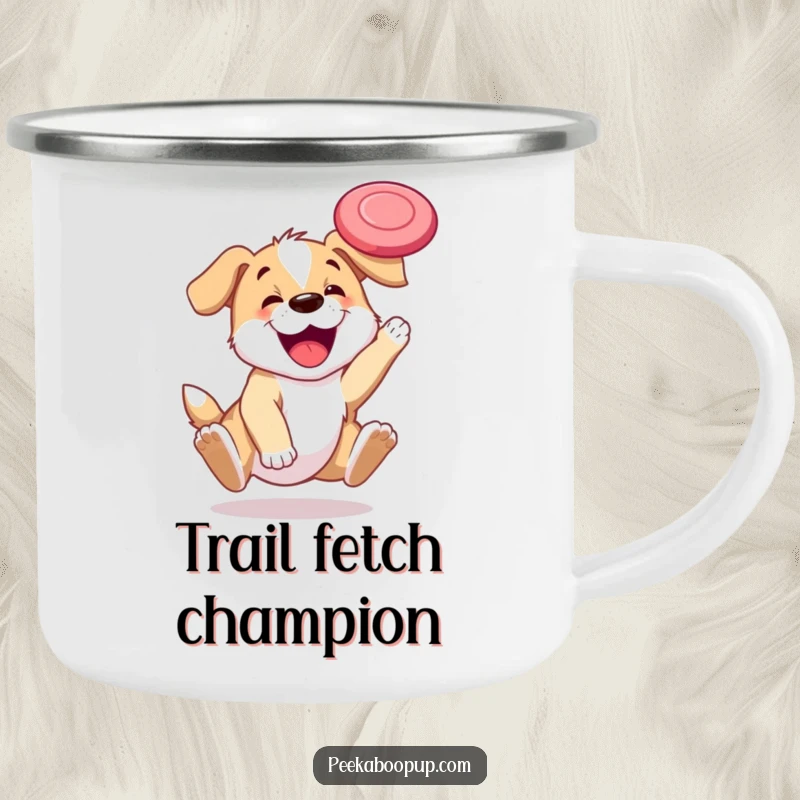 Funny camping mug illustrating a happy puppy catching a frisbee, perfect for outdoor enthusiasts and dog fans.