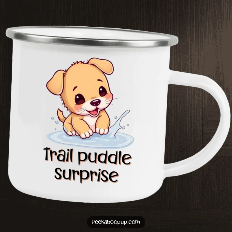 Funny puppy camping mug showing a dog splashing in a puddle, perfect for outdoor enthusiasts and dog lovers.