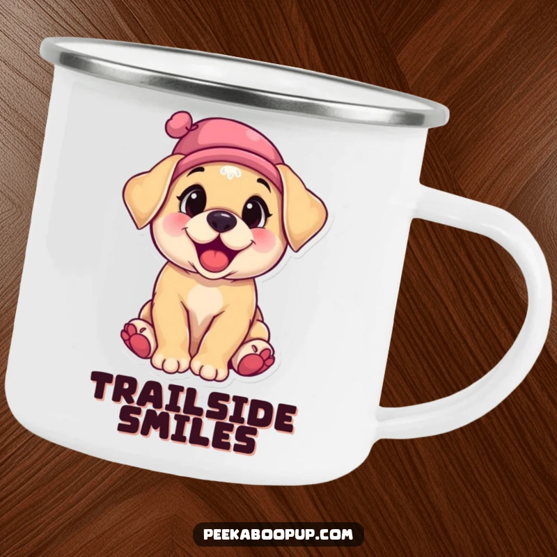 Funny camping mug designed with a happy, giggling puppy wearing a tiny hat tilted sideways, ready for adventure.