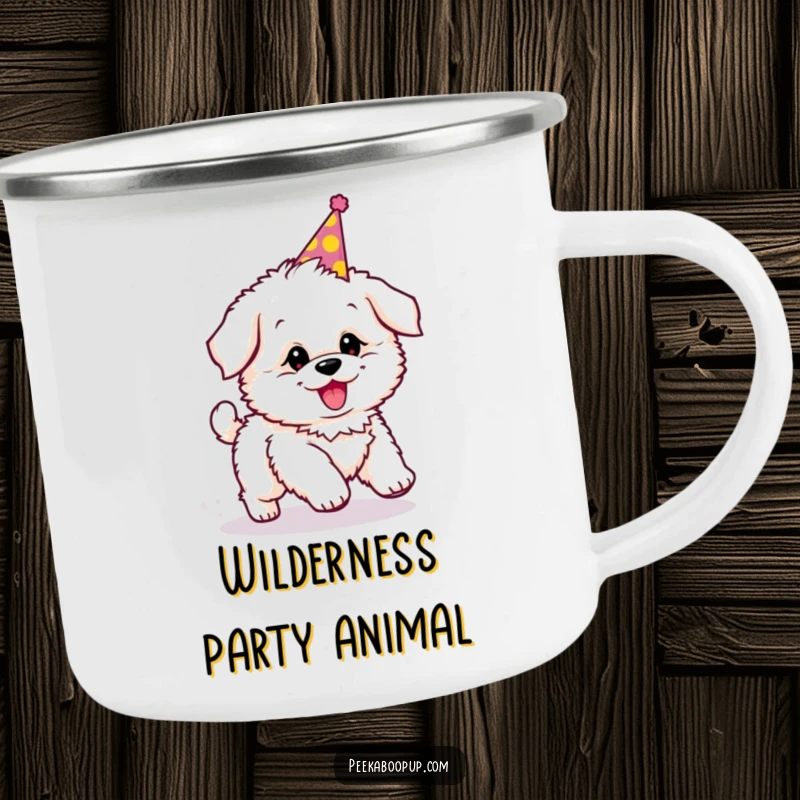 Funny camping mug featuring a fluffy puppy in a party hat, humorously chasing its tail during outdoor fun.