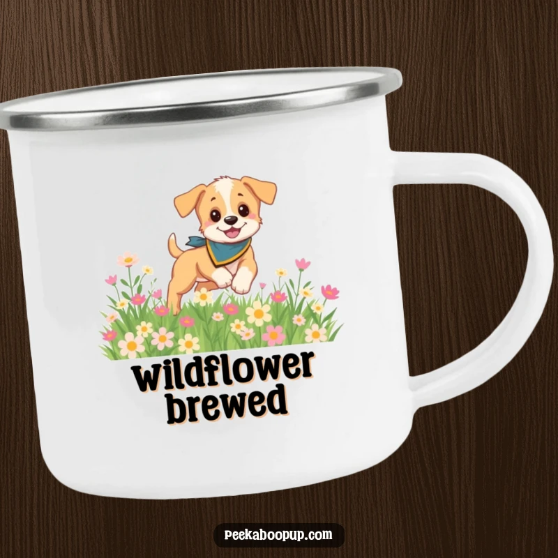 Funny and rugged camping mug featuring a playful puppy wearing a bandana, frolicking in a field of flowers, perfect for outdoors.