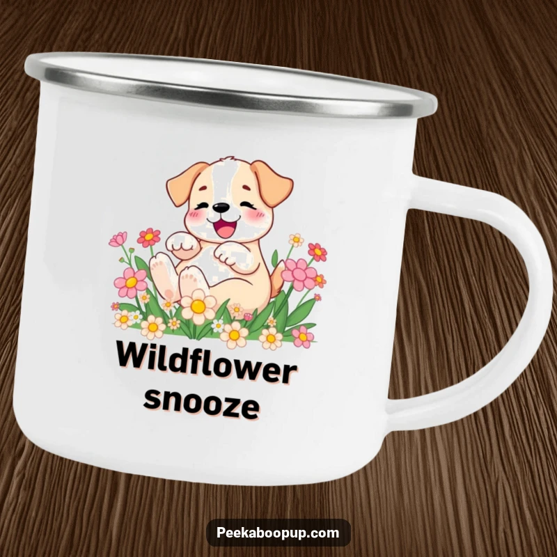 Funny Camping Mug with a joyful puppy rolling in vibrant cartoon flowers, ideal for outdoor sipping.