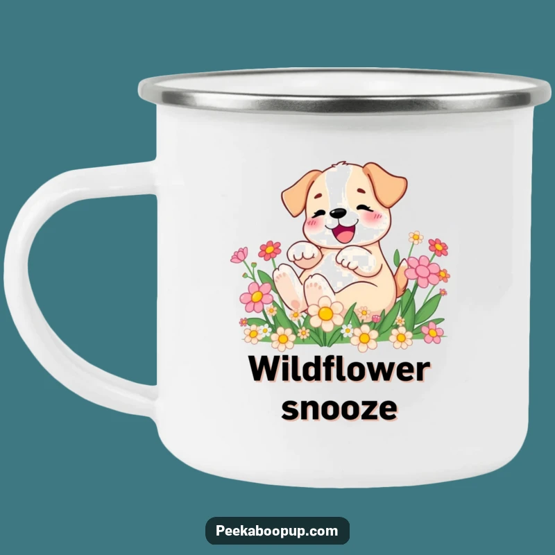 Funny Puppy Rolling in Flowers Camping Mug: Cheerful & Hilarious Outdoor Companion
