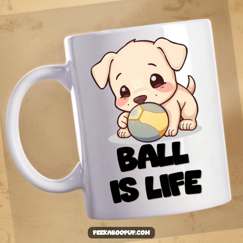 Funny mug featuring a happy puppy playfully nudging a ball with its nose, capturing a moment of innocent canine fun.