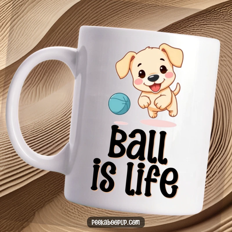 Funny mug with a cute, floppy-eared puppy enthusiastically chasing a bouncing ball with sheer delight.
