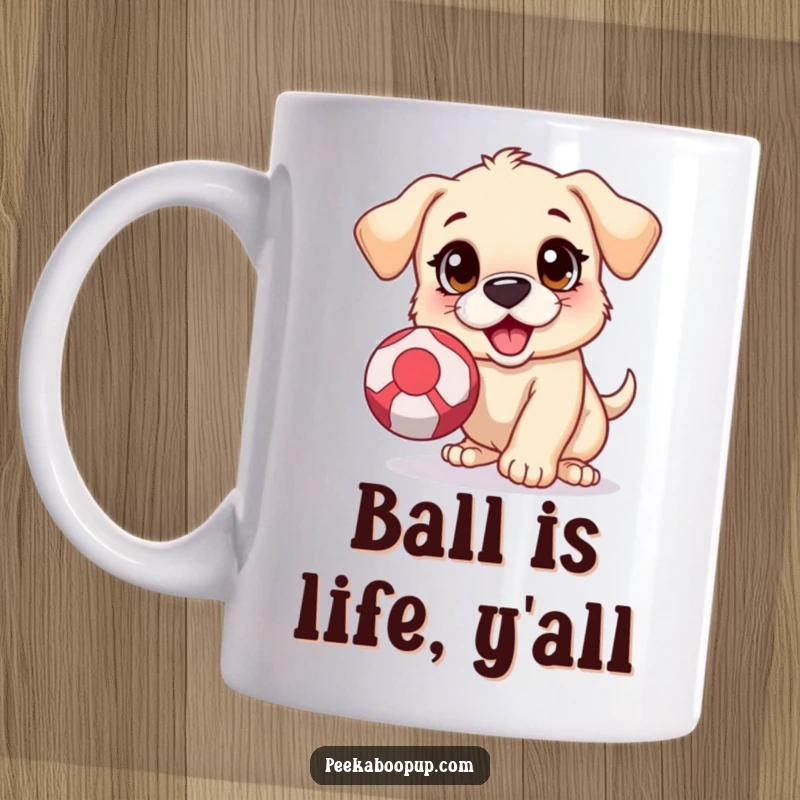 Funny mug featuring an energetic puppy with wide, excited eyes, leaping to catch a brightly colored bouncing ball.