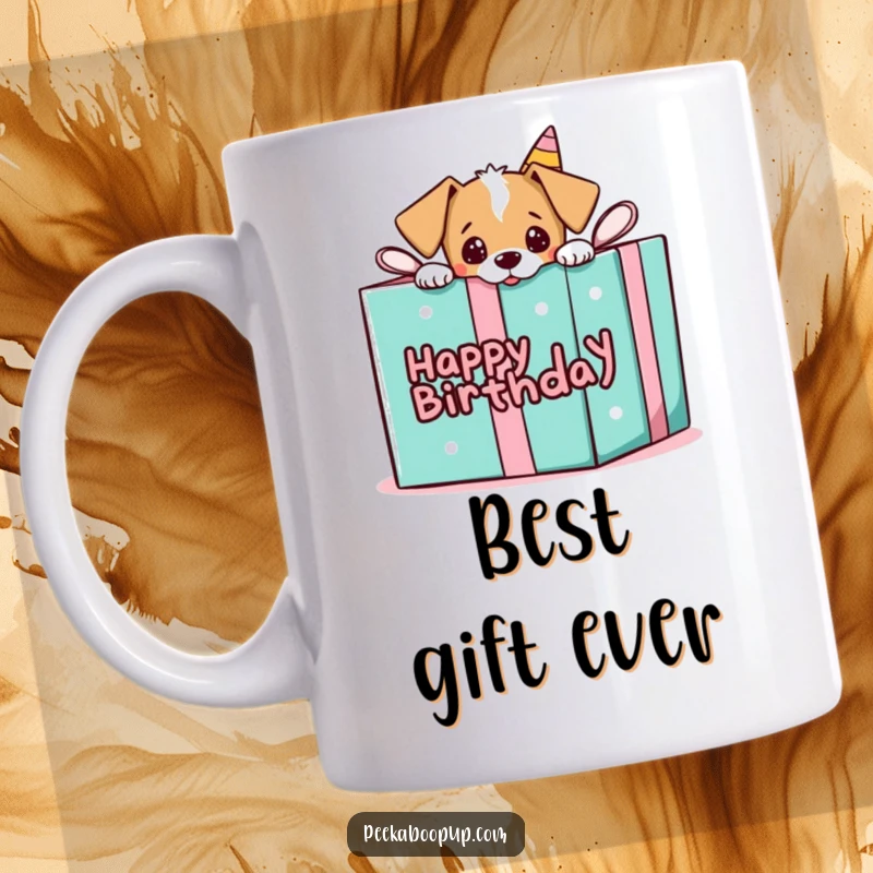 Funny mug showing a cute puppy playfully peeking out from a giant, colorful birthday gift box.