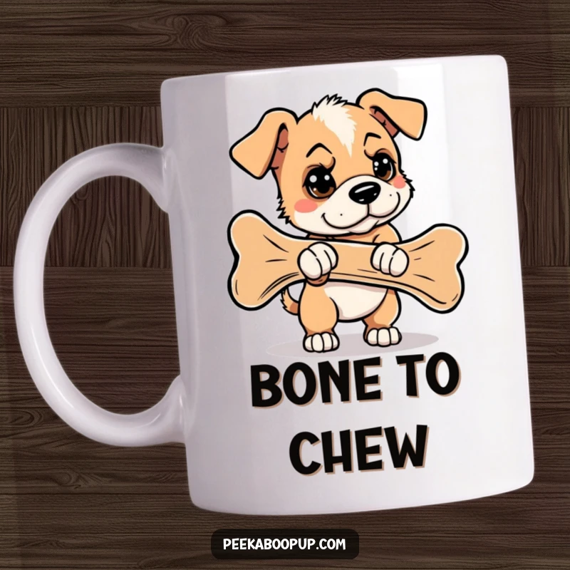 Funny mug: a determined puppy with a serious face, struggling to carry an enormous bone, a comical sight.