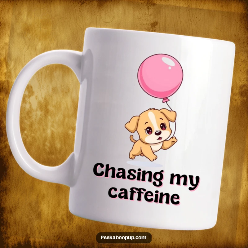 Funny mug featuring a puppy with incredibly determined eyes chasing a slowly deflating balloon, capturing a moment of playful persistence.