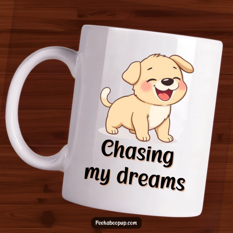 Funny, giggling puppy in a comical loop, trying to catch its furiously wagging tail on a mug.