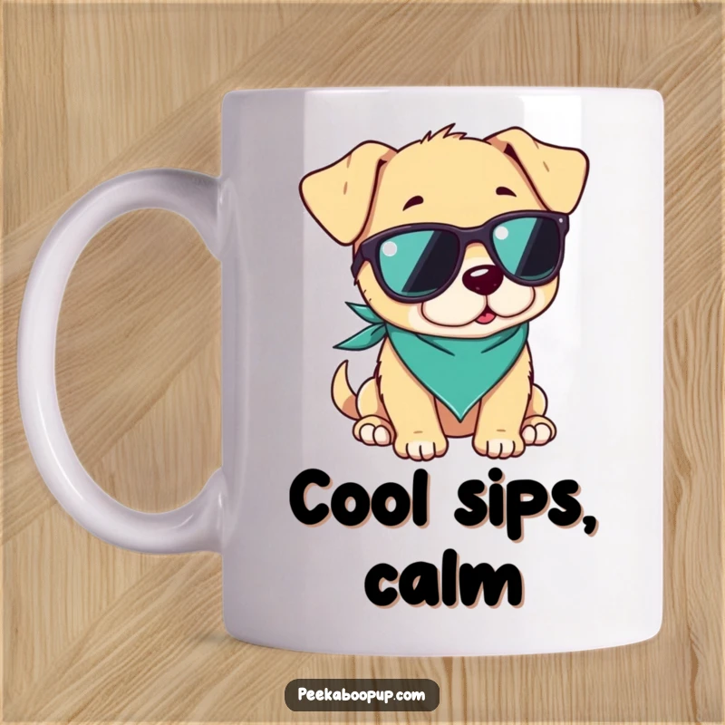 Funny mug featuring a cool puppy wearing sunglasses and a bandana, exuding a relaxed and effortlessly chill vibe.
