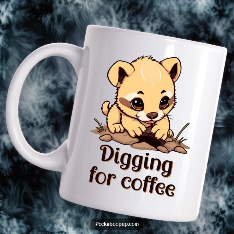 Funny determined puppy character mug, focused on digging a tiny hole, adorable and energetic design.