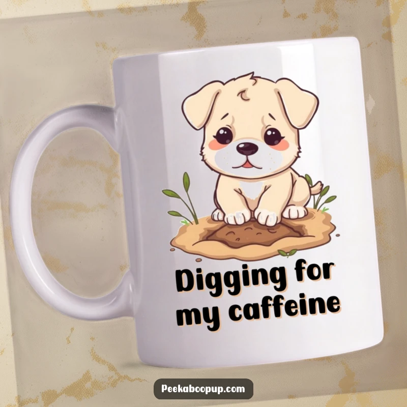Funny puppy character mug, playfully digging a hole with intense determination, capturing canine mischief humorously.