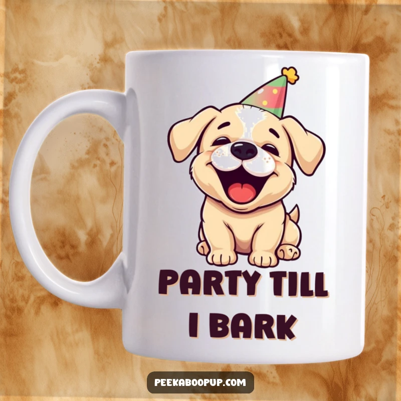 Funny puppy character mug, wearing a party hat, barking enthusiastically with joy, celebratory design.