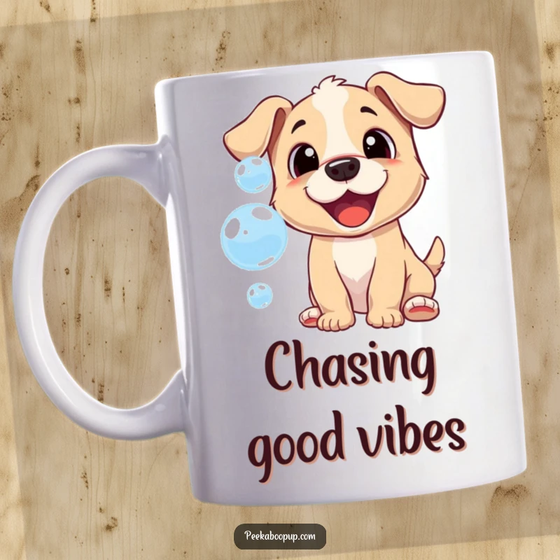 Funny mug showing a cheerful puppy with a happy expression, playfully trying to catch floating bubbles.