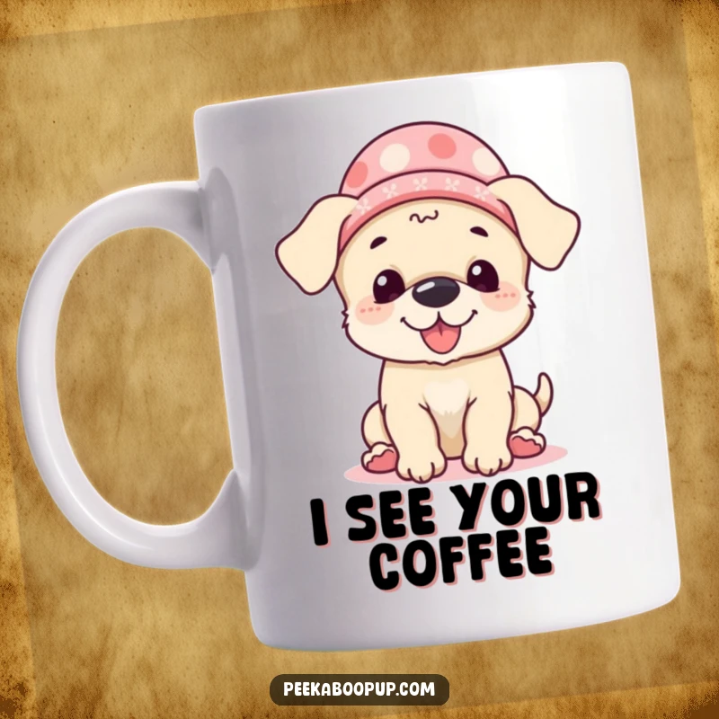 Funny Mug featuring a giggling puppy wearing a tiny hat, enthusiastically playing peek-a-boo with a joyful expression, perfect for humor lovers.
