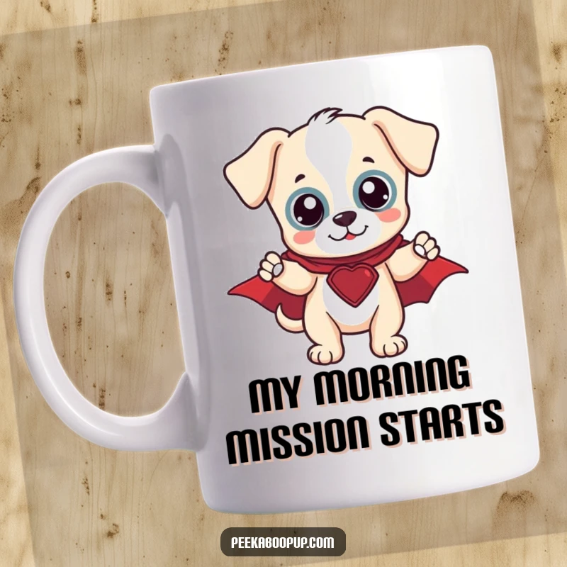 Funny Hero Puppy Mug: A brave puppy in a tiny cape striking a heroic pose, ready for action