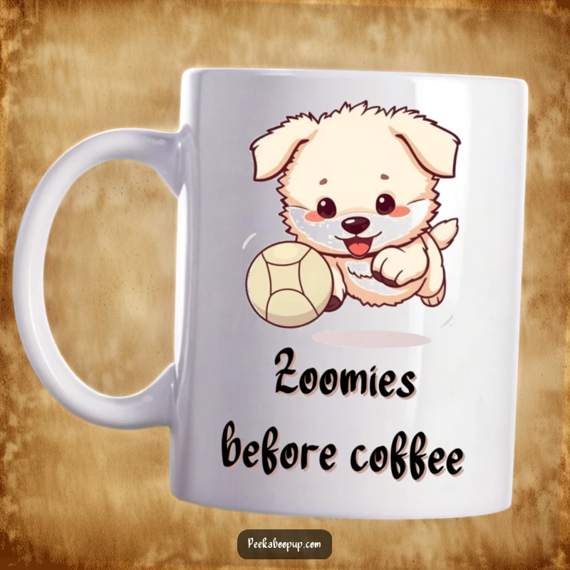 Funny puppy mug showing an energetic, fluffy puppy enthusiastically chasing a bright red bouncing ball.