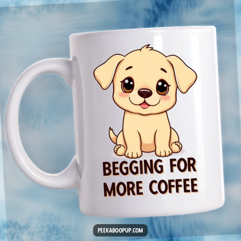 Funny puppy mug showing a puppy with large, innocent eyes in a cute begging pose, evoking sympathy and smiles.