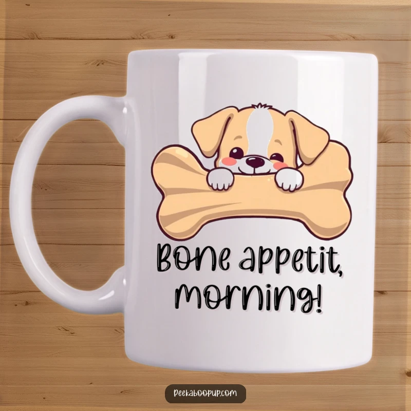 Funny puppy peeking joyfully from behind a giant striped bone on a mug, showcasing excitement and love for bones, a perfect gift.