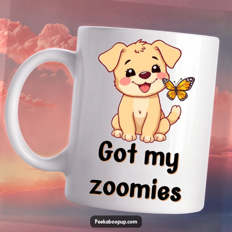 Funny mug featuring a happy, tail-wagging puppy barking excitedly at a colorful butterfly in pursuit.