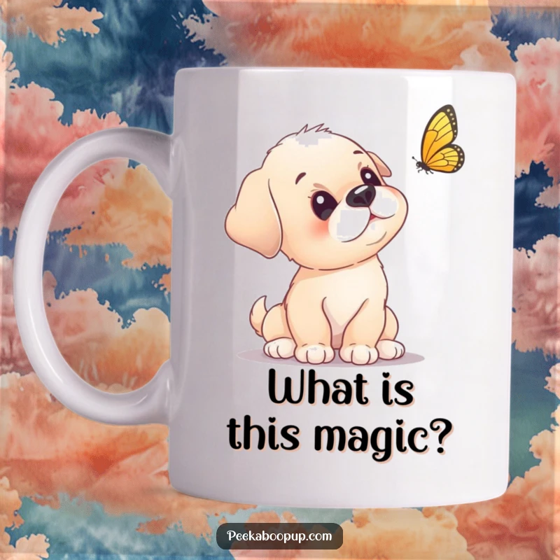 Funny puppy mug showing a curious puppy tilting its head, looking intently at a fluttering butterfly.