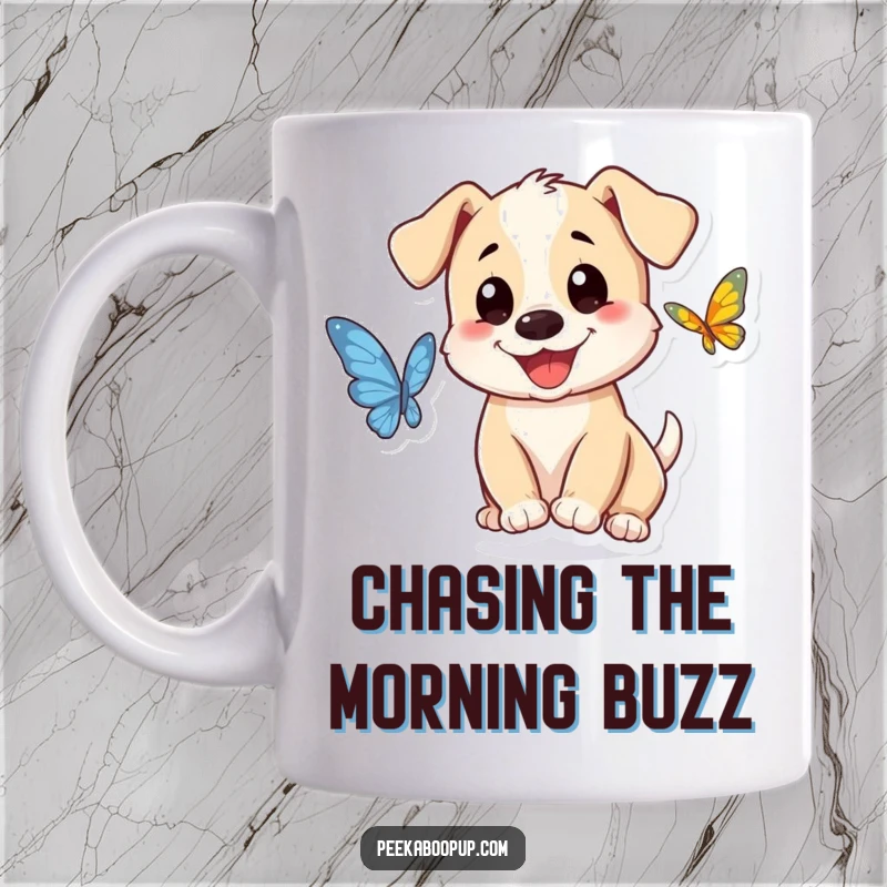 Funny puppy character mug, smiling while chasing a butterfly, capturing playful innocence and joy.