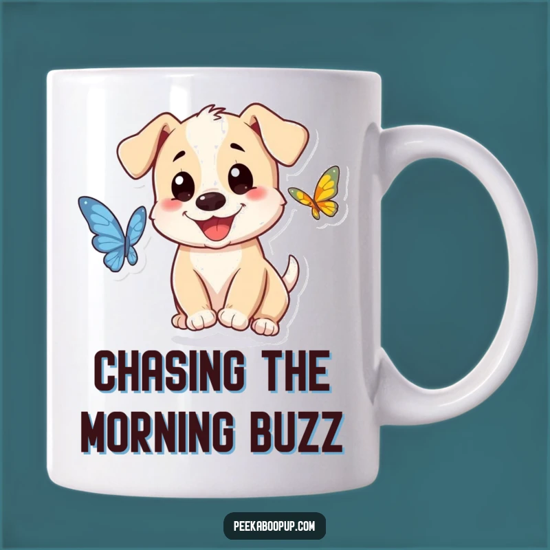 Funny Puppy Butterfly Mug: Smiling Pup's Joyful Chase