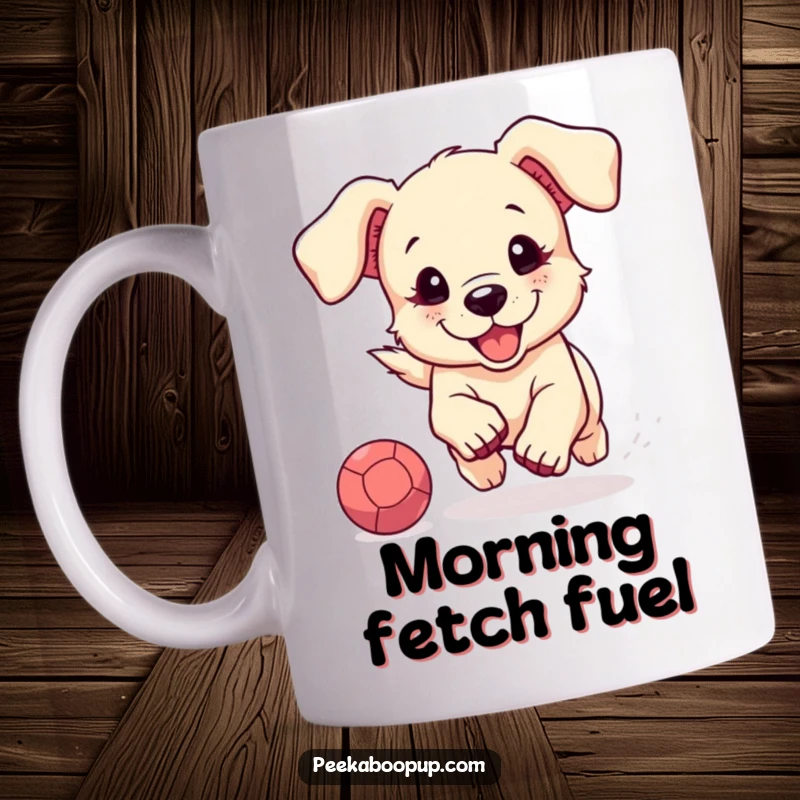 Funny mug illustration of a cute puppy with floppy ears joyfully chasing a red bouncing ball, capturing pure canine happiness.