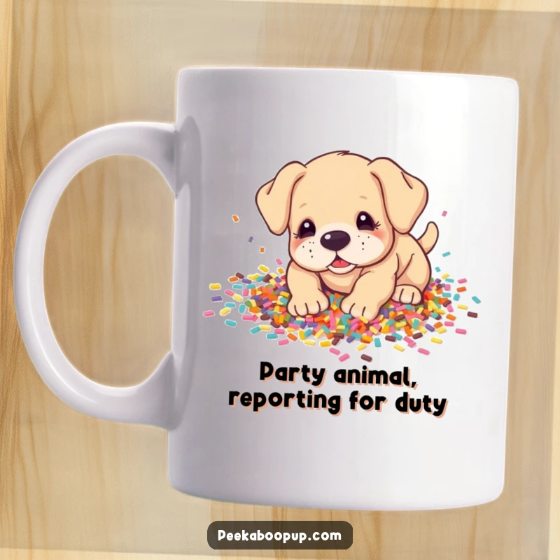 Funny Mug: Energetic puppy joyfully digging through a vibrant explosion of colorful confetti, pure delight captured.