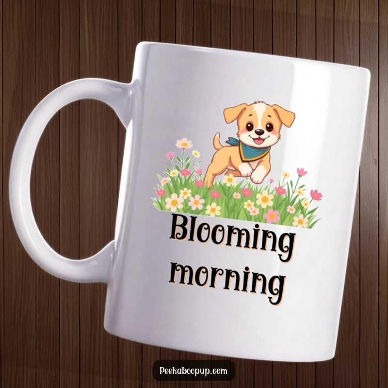 Funny mug illustration of a playful puppy wearing a colorful bandana, frolicking joyfully in a vibrant field of blooming flowers.
