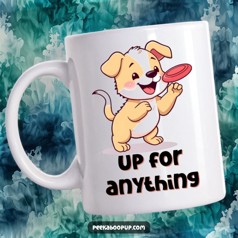 Funny mug illustration of a happy puppy with a wagging tail leaping to catch a flying frisbee, capturing pure athletic joy.