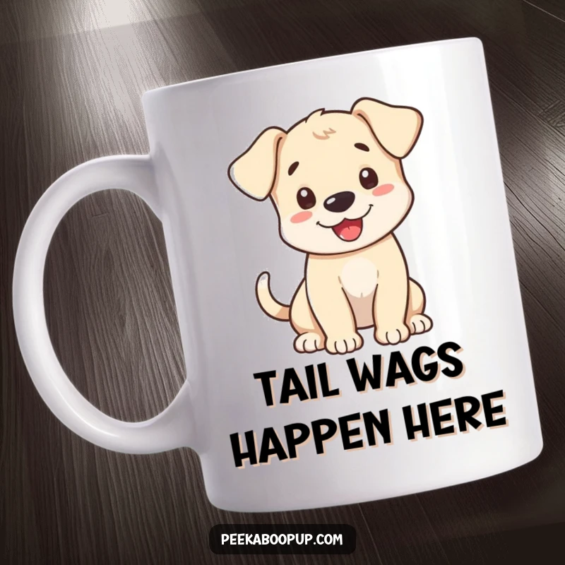 Funny Mug featuring a happy puppy with a furiously wagging tail, enthusiastically greeting the viewer with a smile.